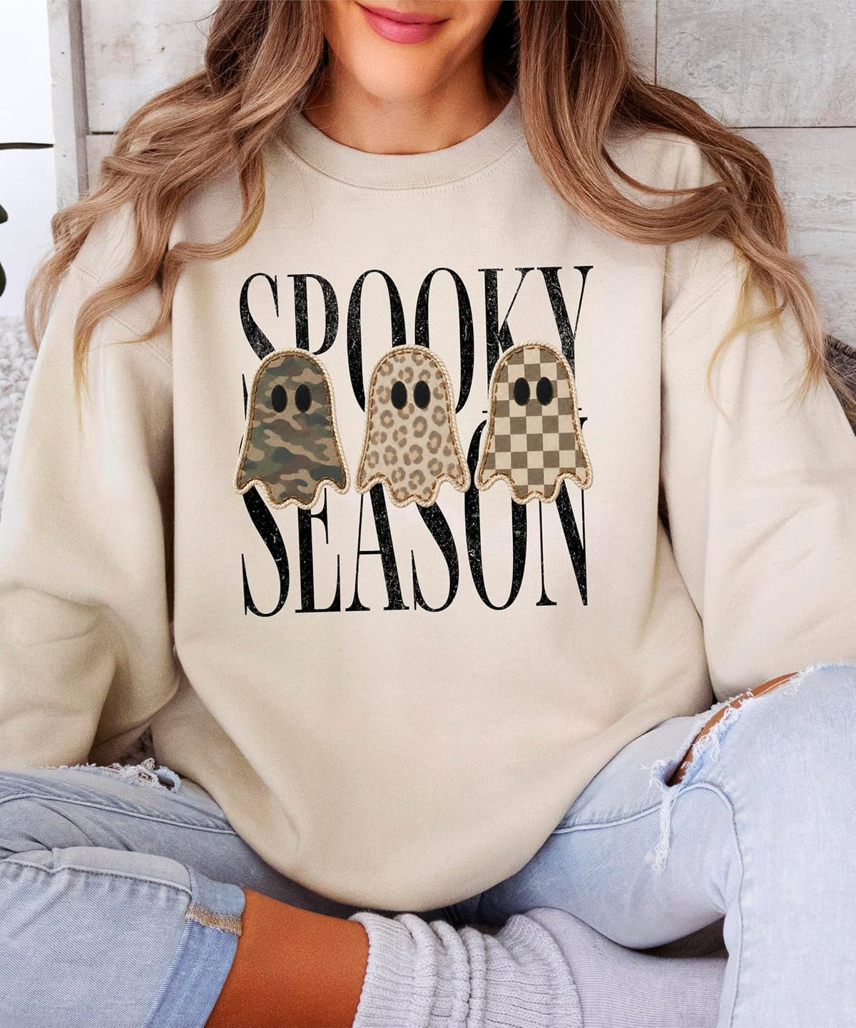 Olive Loves Apple Spooky Season Sweatshirt for Women & Teen Girls Halloween Camo Leopard Ghost Crewneck