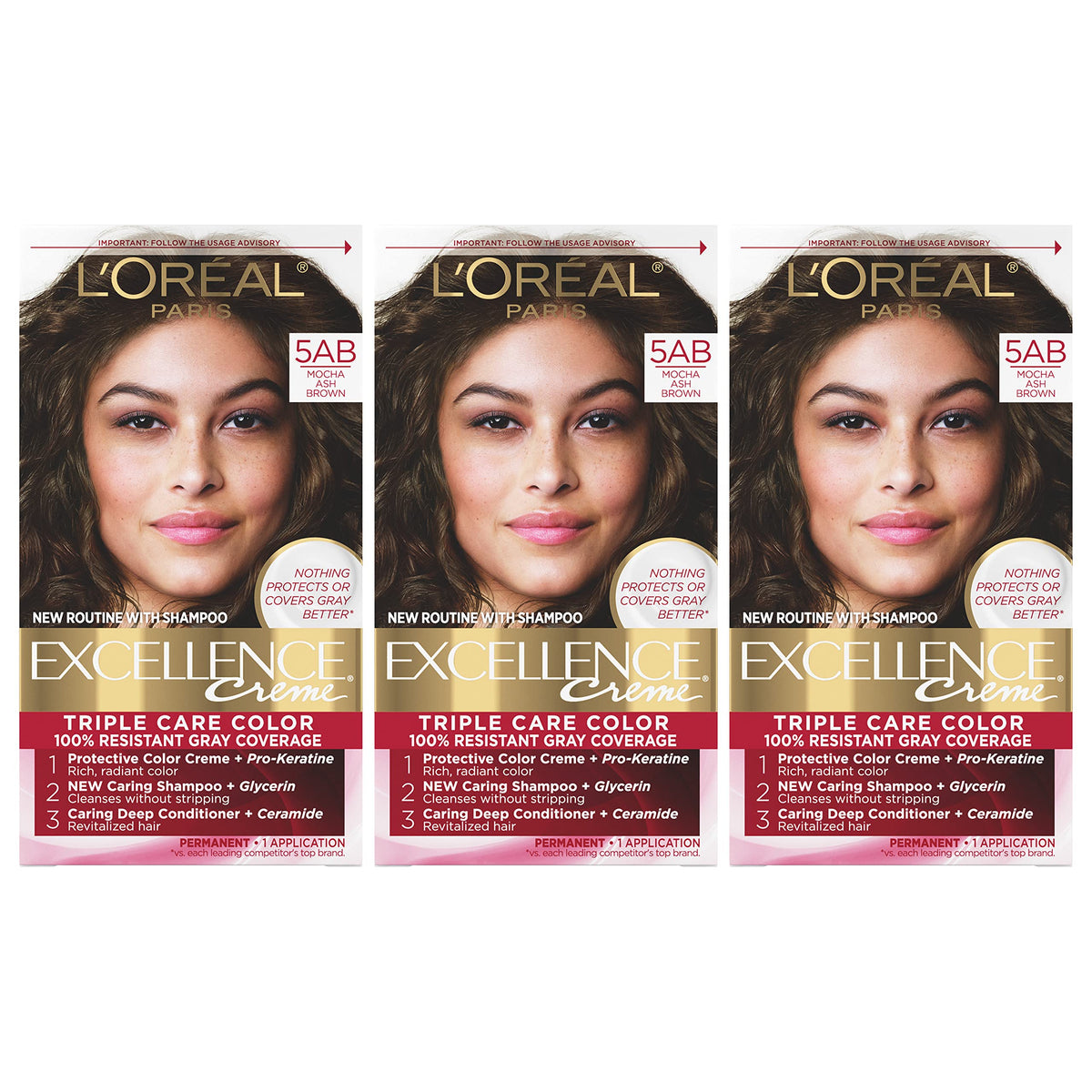 L'Oreal Paris Excellence Crème Permanent Hair Dye, Triple Care Hair Color with Hyaluronic Acid for 100% Gray Coverage, 4 Dark Brown, 1 Kit (Packaging May Vary)