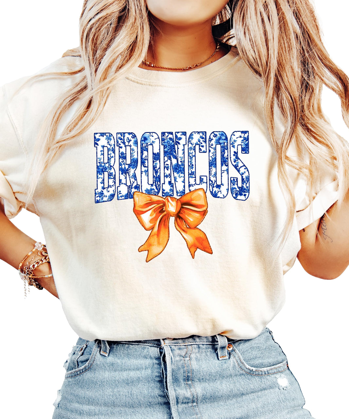Broncos Orange Floral Bow Shirt for Women & Teens Trendy Team Spirit Sports Fan Graphic Tee