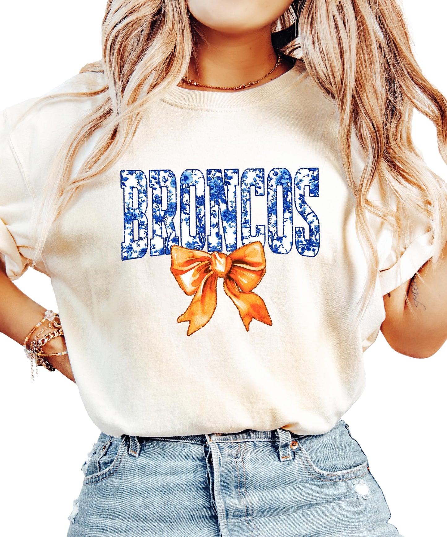 Broncos Orange Floral Bow Shirt for Women & Teens Trendy Team Spirit Sports Fan Graphic Tee