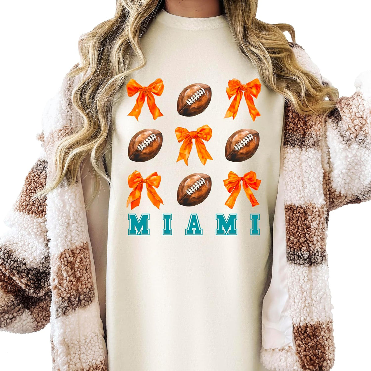 Trendy Miami Football Shirt for Women and Teens Girly Orange Bows and Footballs Florida Team Tee