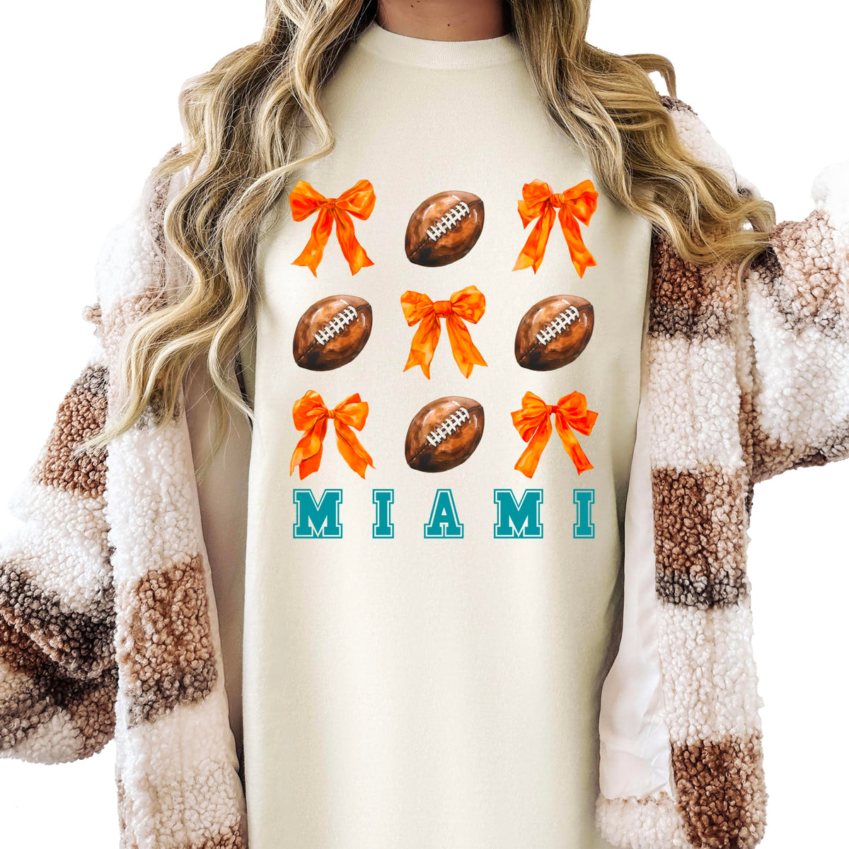 Trendy Miami Football Shirt for Women and Teens Girly Orange Bows and Footballs Florida Team Tee
