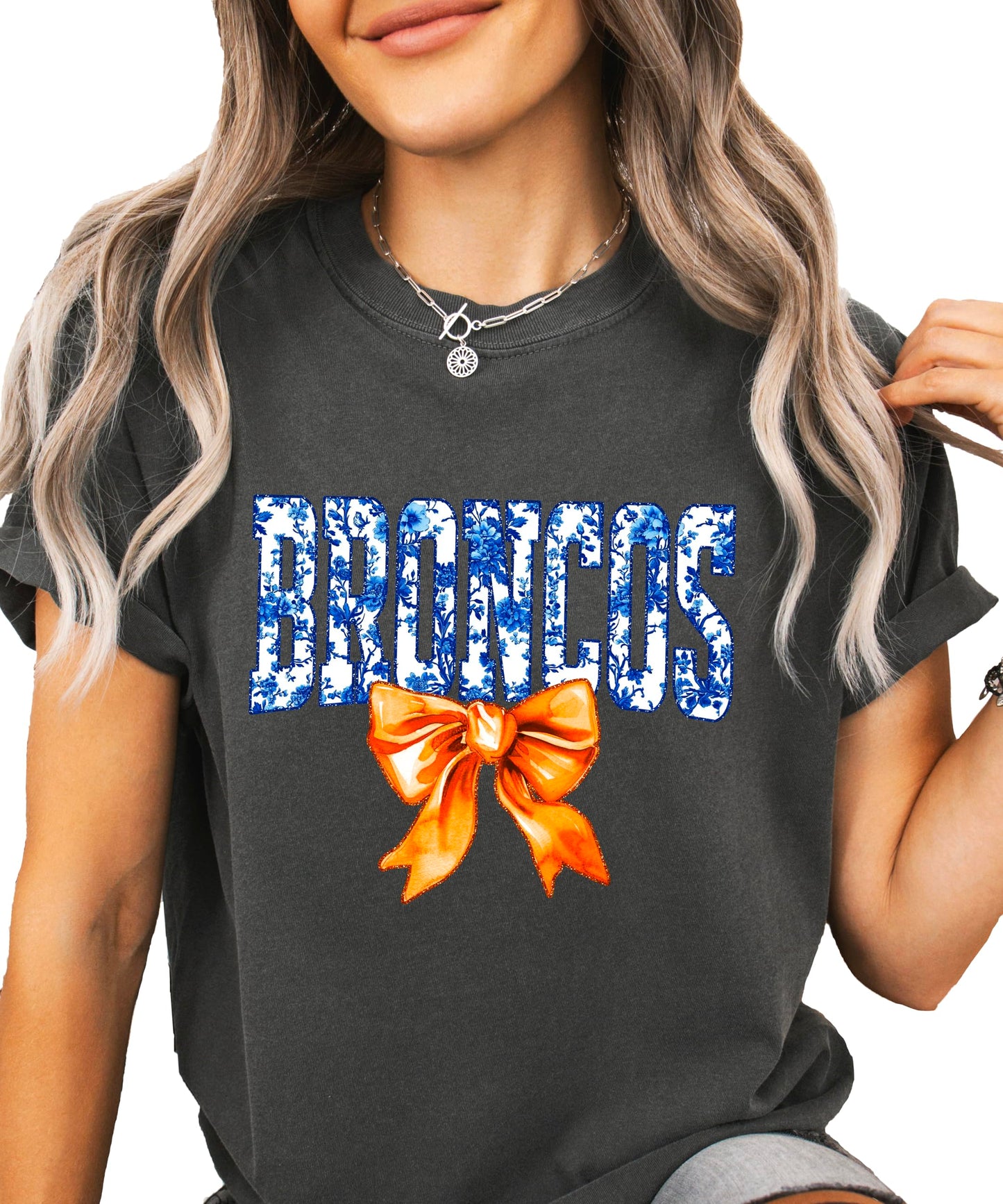 Broncos Orange Floral Bow Shirt for Women & Teens Trendy Team Spirit Sports Fan Graphic Tee
