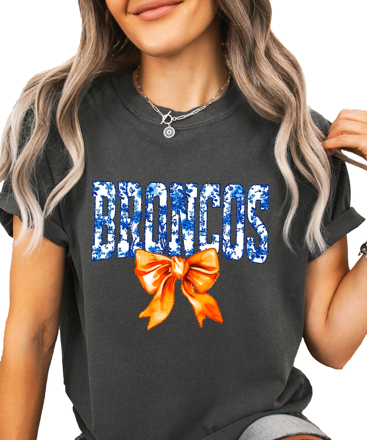 Broncos Orange Floral Bow Shirt for Women & Teens Trendy Team Spirit Sports Fan Graphic Tee