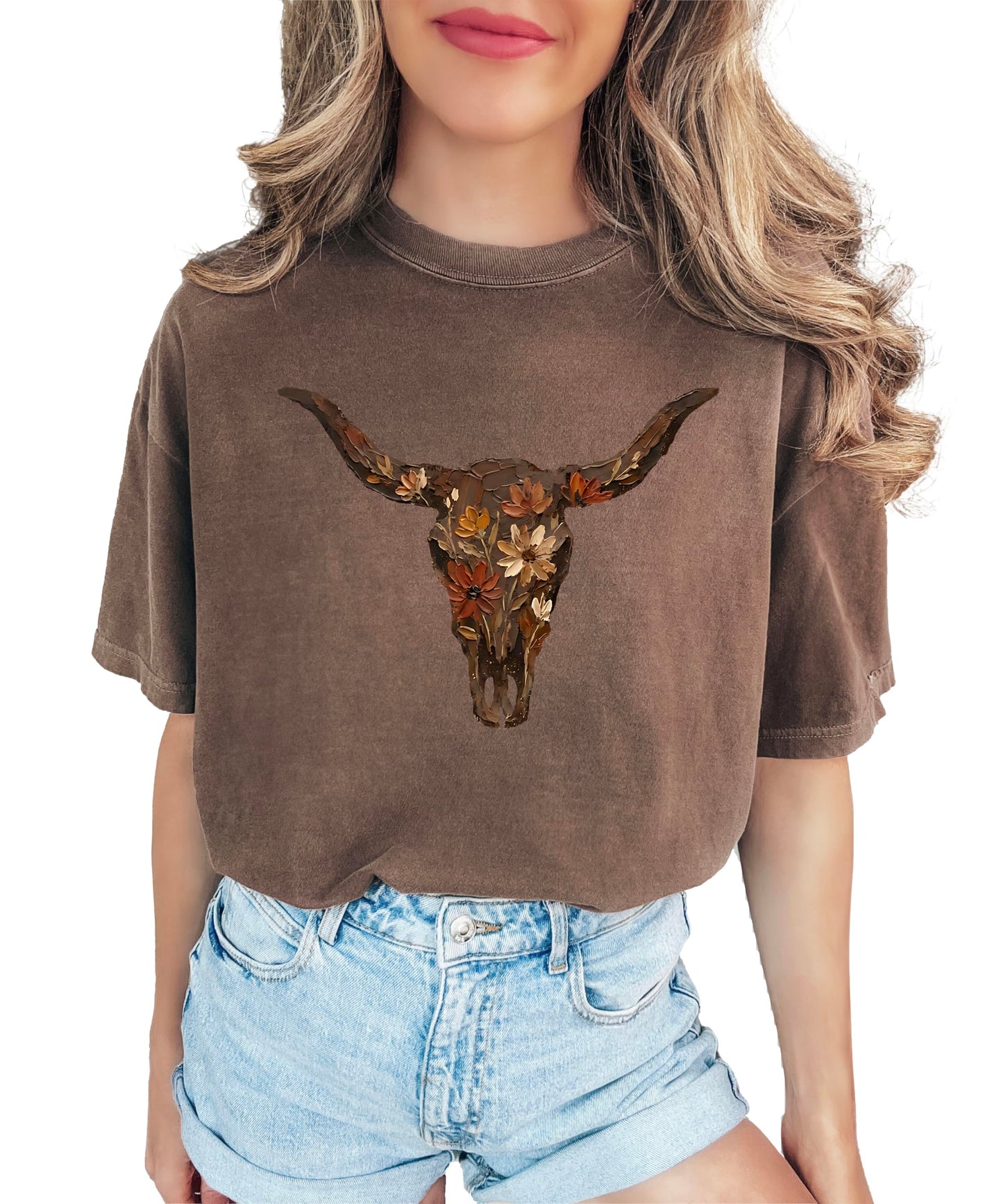 Western Longhorn Skull Graphic T-Shirt for Women - Casual Everyday Western Style Shirt