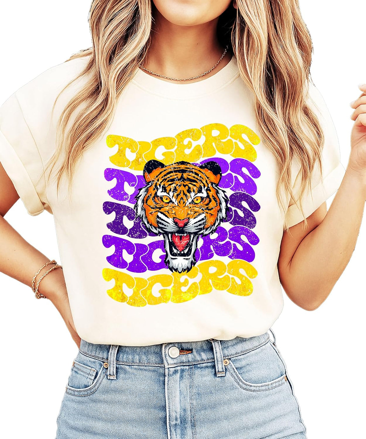 Trendy Tigers Wavy Shirt for Women and Teens Purple & Yellow Sports Tee