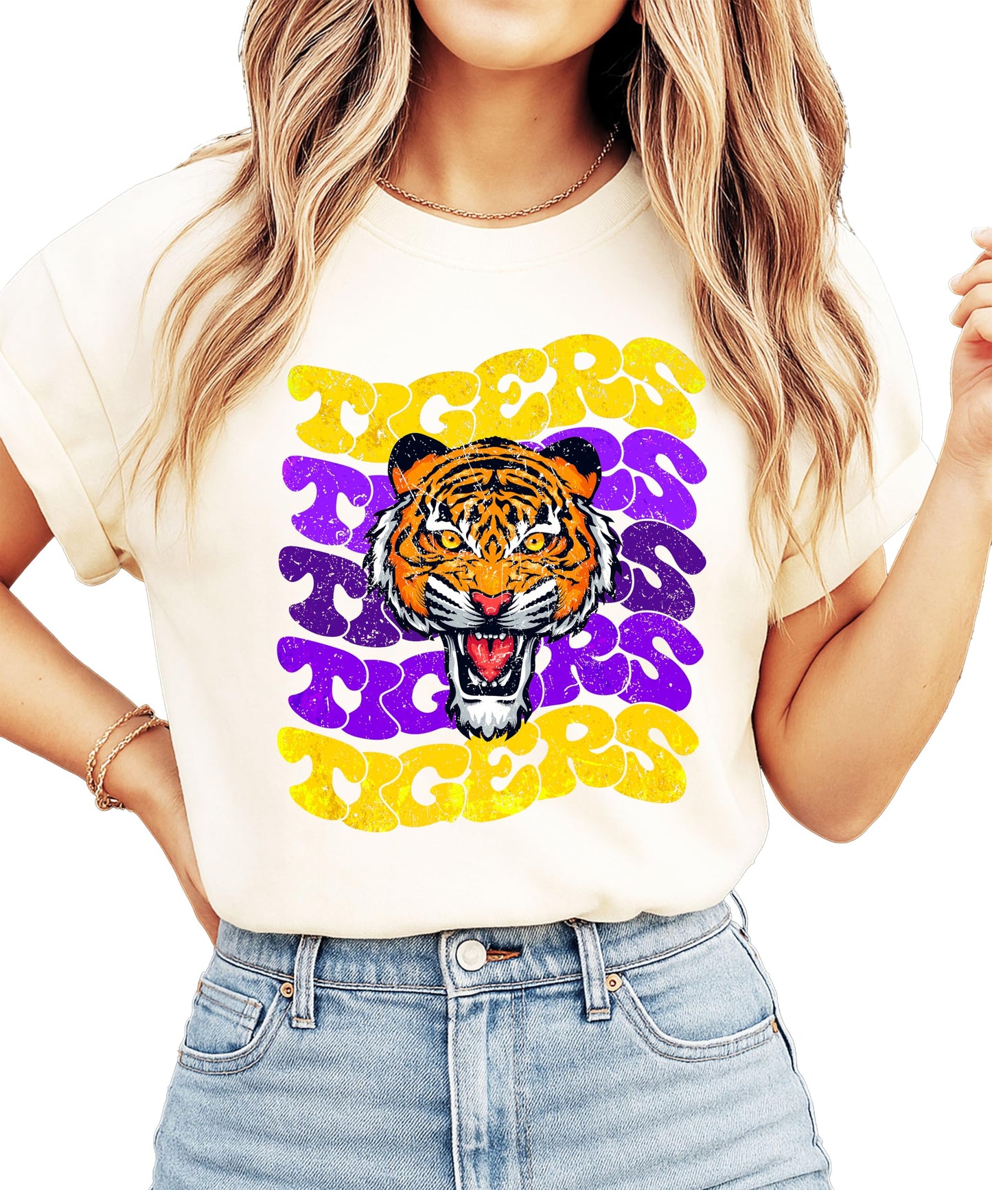 Trendy Tigers Wavy Shirt for Women and Teens Purple & Yellow Sports Tee