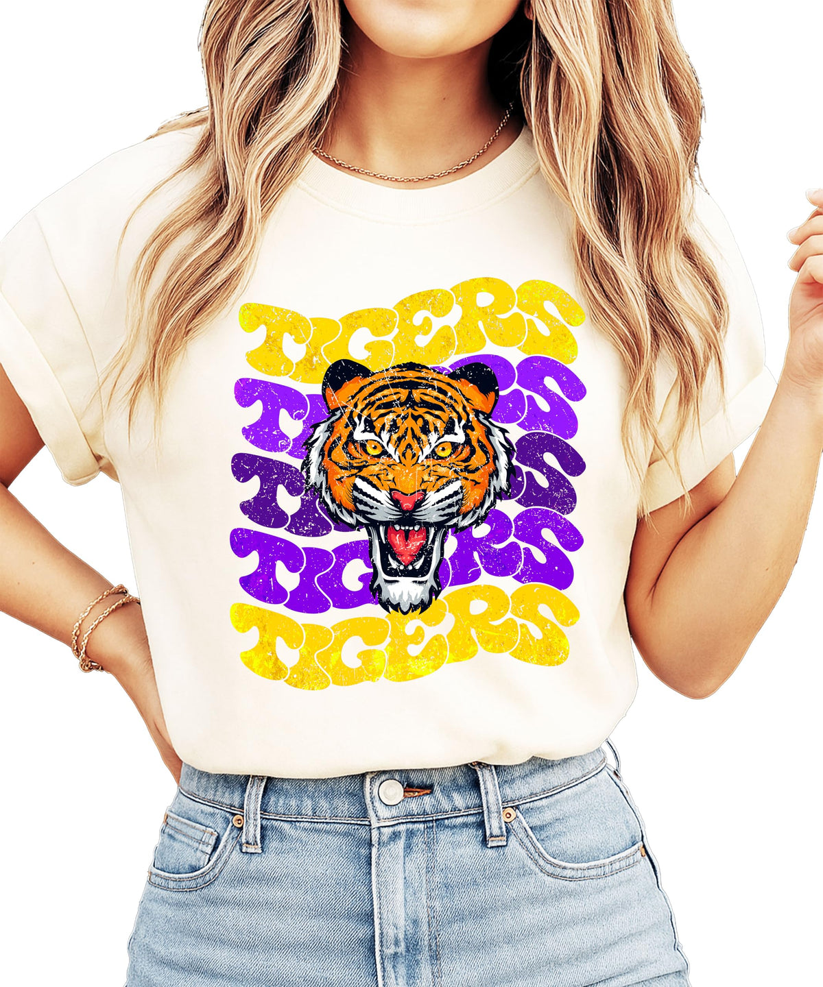 Trendy Tigers Wavy Shirt for Women and Teens Purple & Yellow Sports Tee