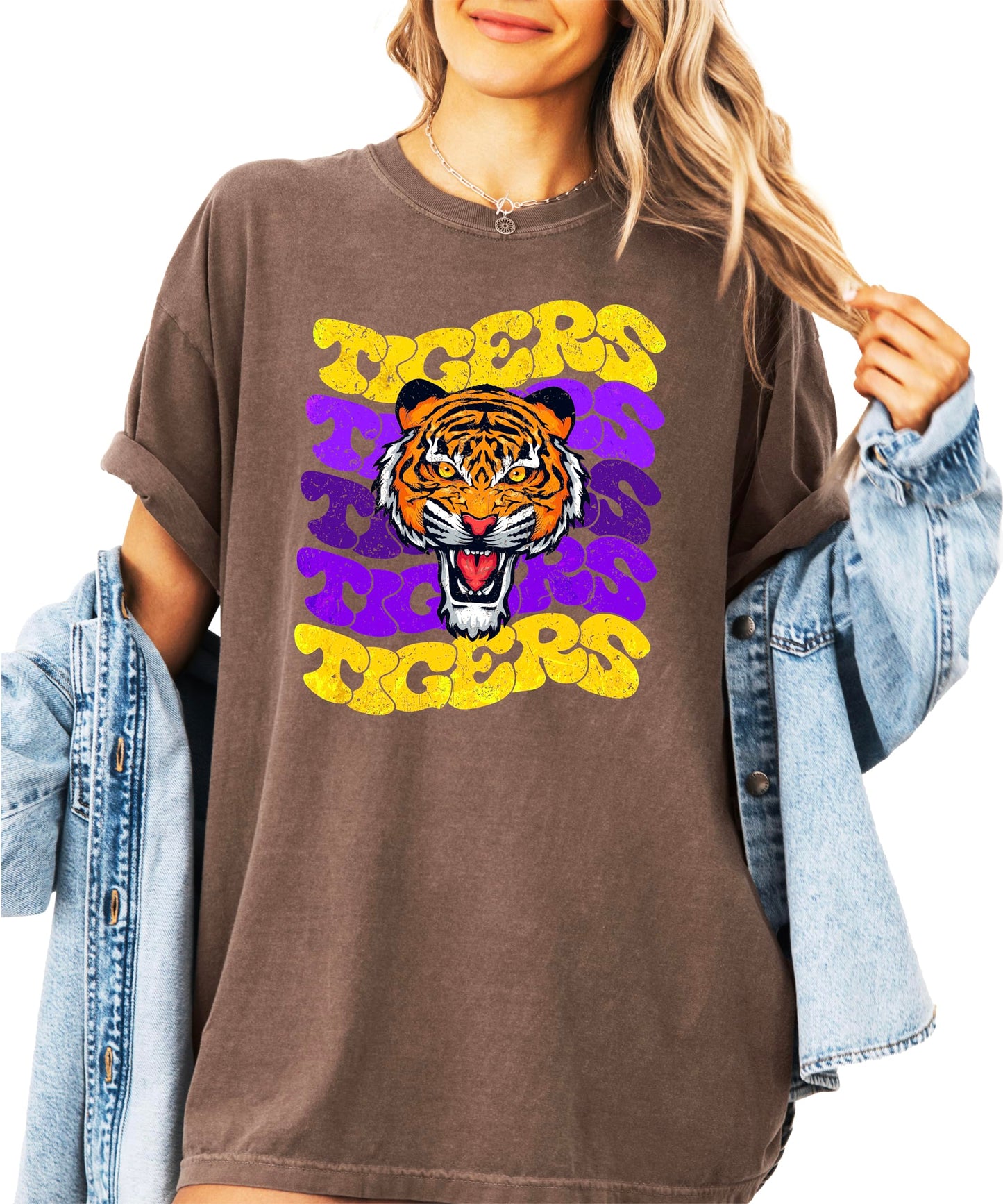 Trendy Tigers Wavy Shirt for Women and Teens Purple & Yellow Sports Tee