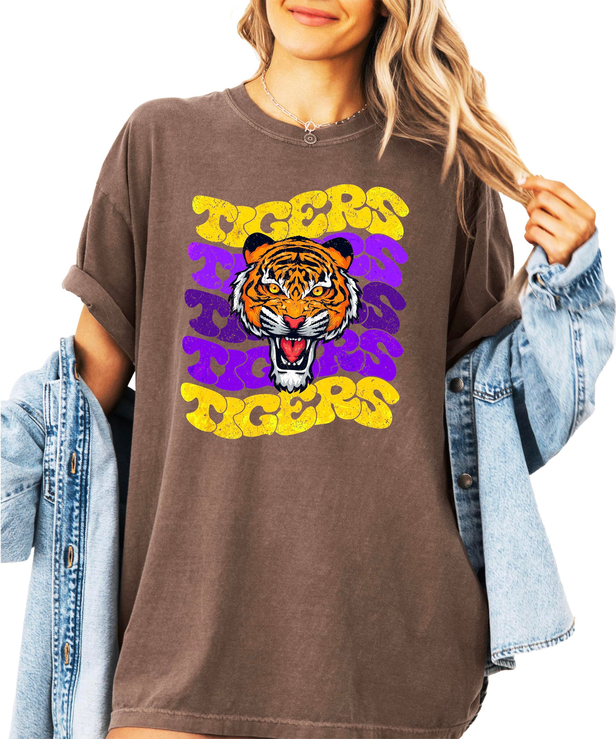 Trendy Tigers Wavy Shirt for Women and Teens Purple & Yellow Sports Tee