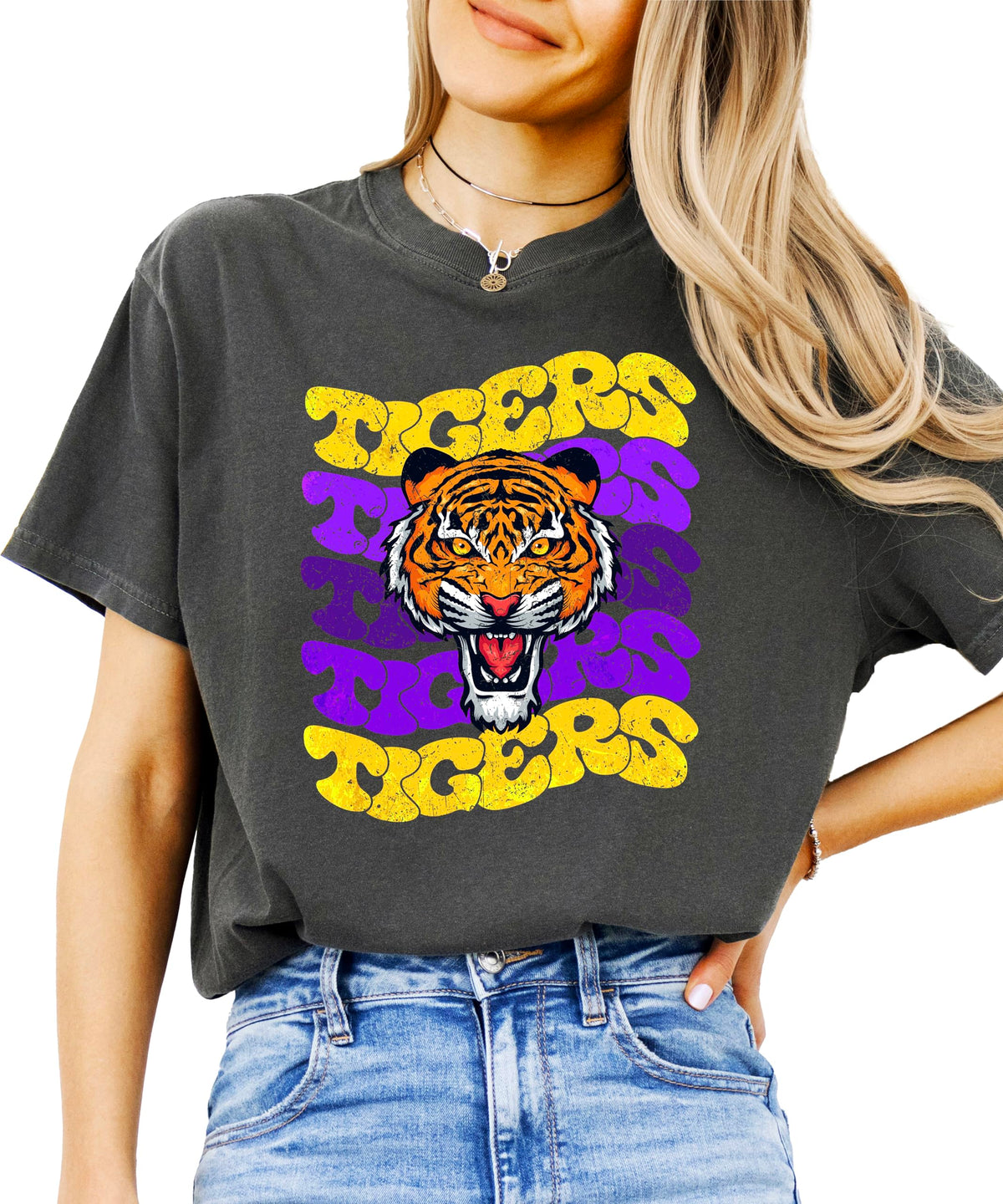 Trendy Tigers Wavy Shirt for Women and Teens Purple & Yellow Sports Tee