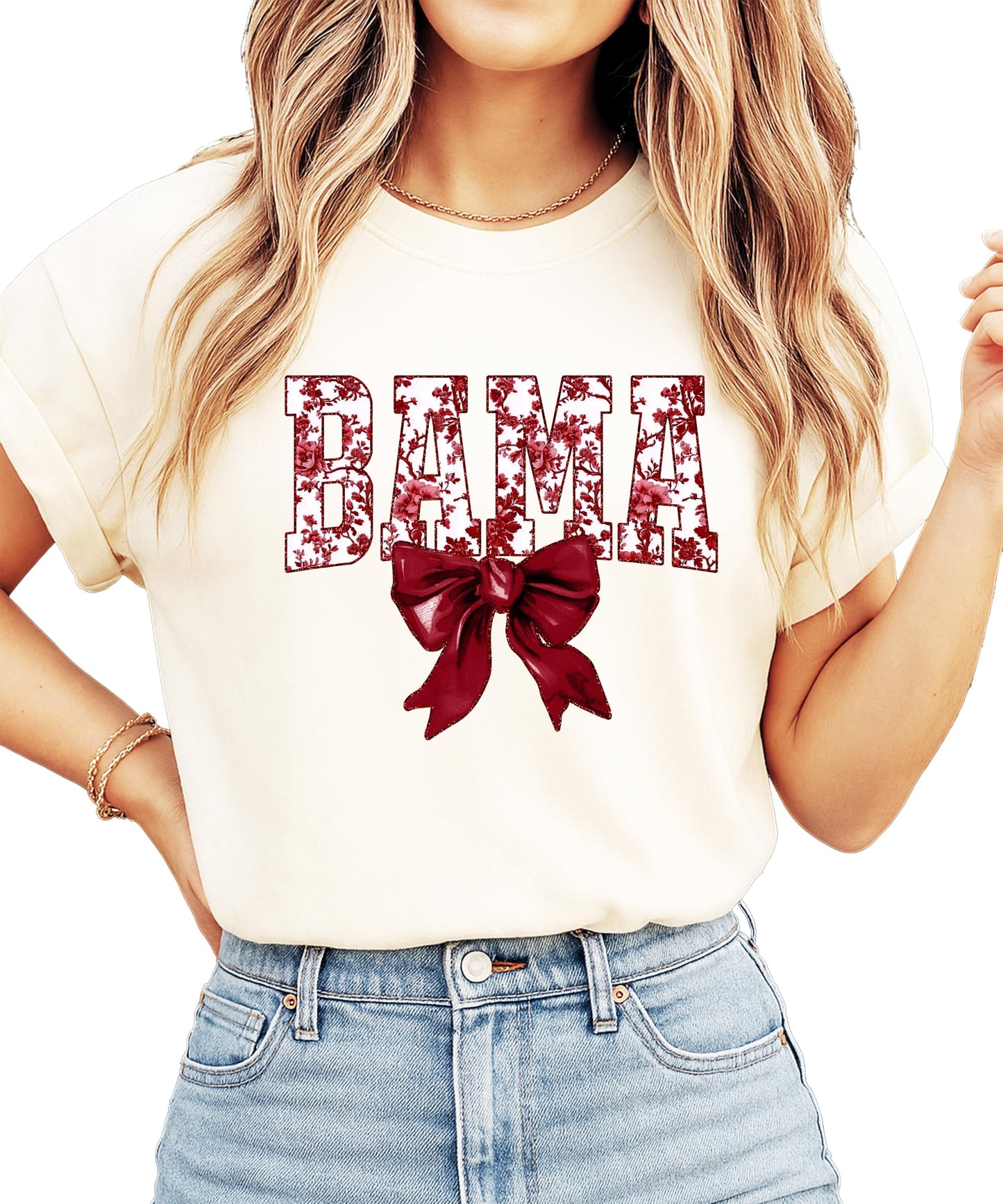 Bama Red Floral Bow Shirt for Women & Teens Trendy Alabama School Sports Fan Tee