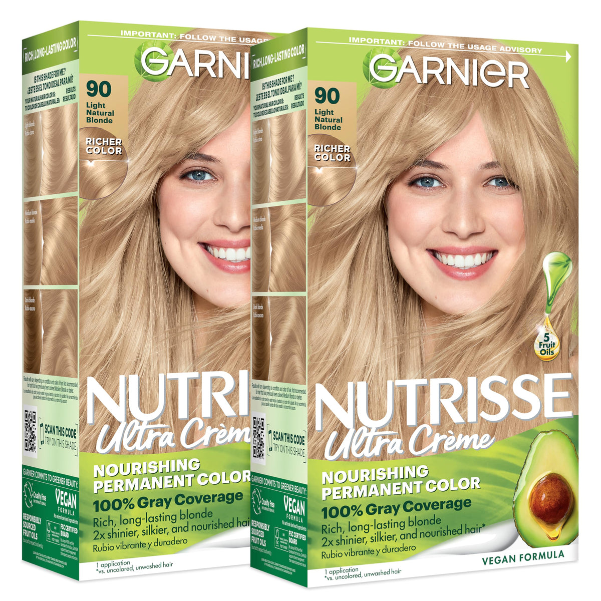 Garnier Nutrisse Ultra Crème Hair Color, Permanent Hair Dye with 100% Gray Coverage, Vegan & Cruelty-Free, 100 Extra-Light Natural Blonde (Chamomile), 2 Count