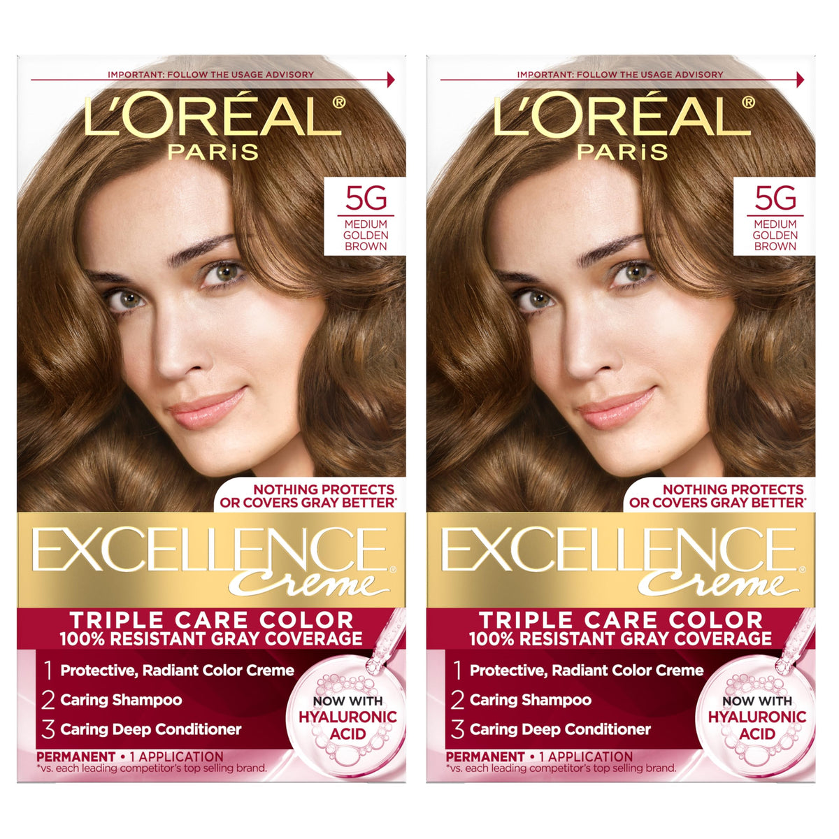 L'Oreal Paris Excellence Crème Permanent Hair Dye, Triple Care Hair Color with Hyaluronic Acid for 100% Gray Coverage, 4 Dark Brown, 1 Kit (Packaging May Vary)