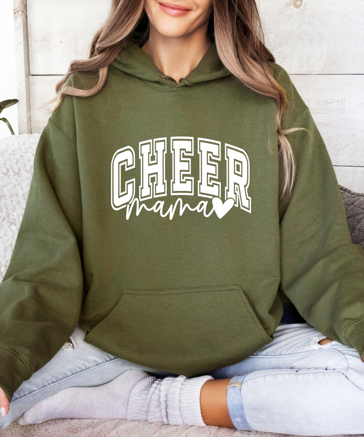 Olive Loves Apple Cheer Mama Hoodie for Women Cheerleading Mom Game Day Pullover Cheer Competition Sweatshirt