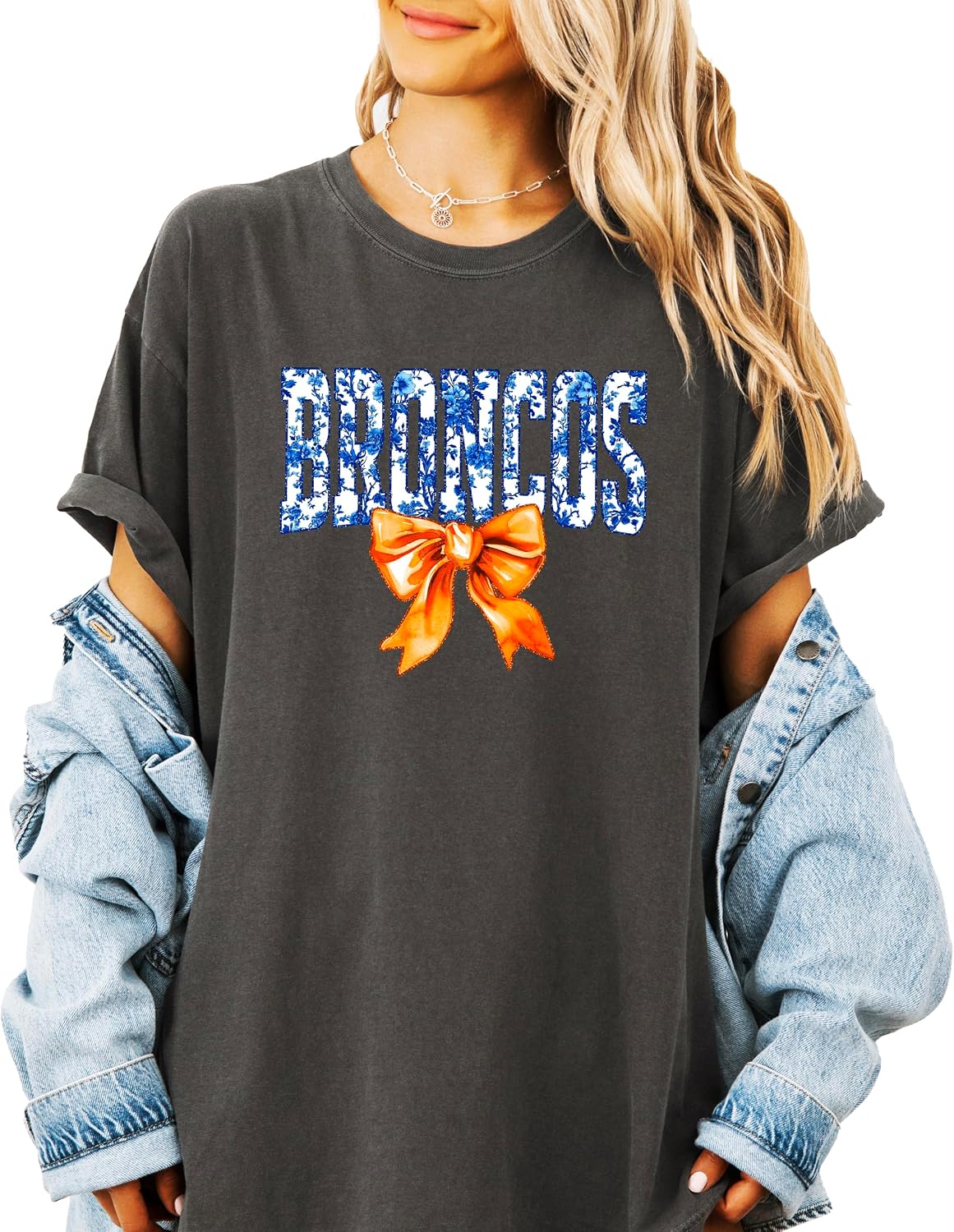 Broncos Orange Floral Bow Shirt for Women & Teens Trendy Team Spirit Sports Fan Graphic Tee