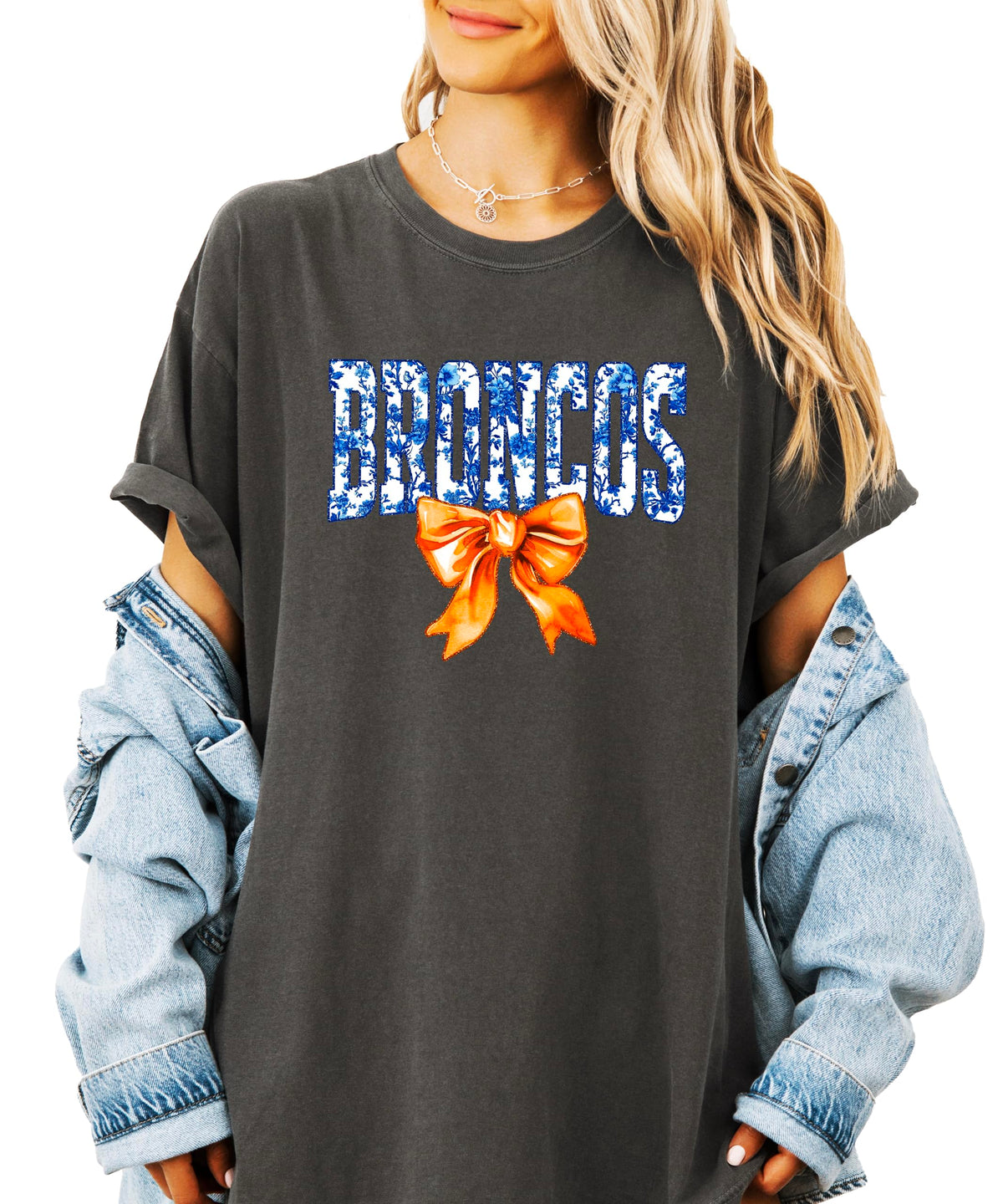 Broncos Orange Floral Bow Shirt for Women & Teens Trendy Team Spirit Sports Fan Graphic Tee