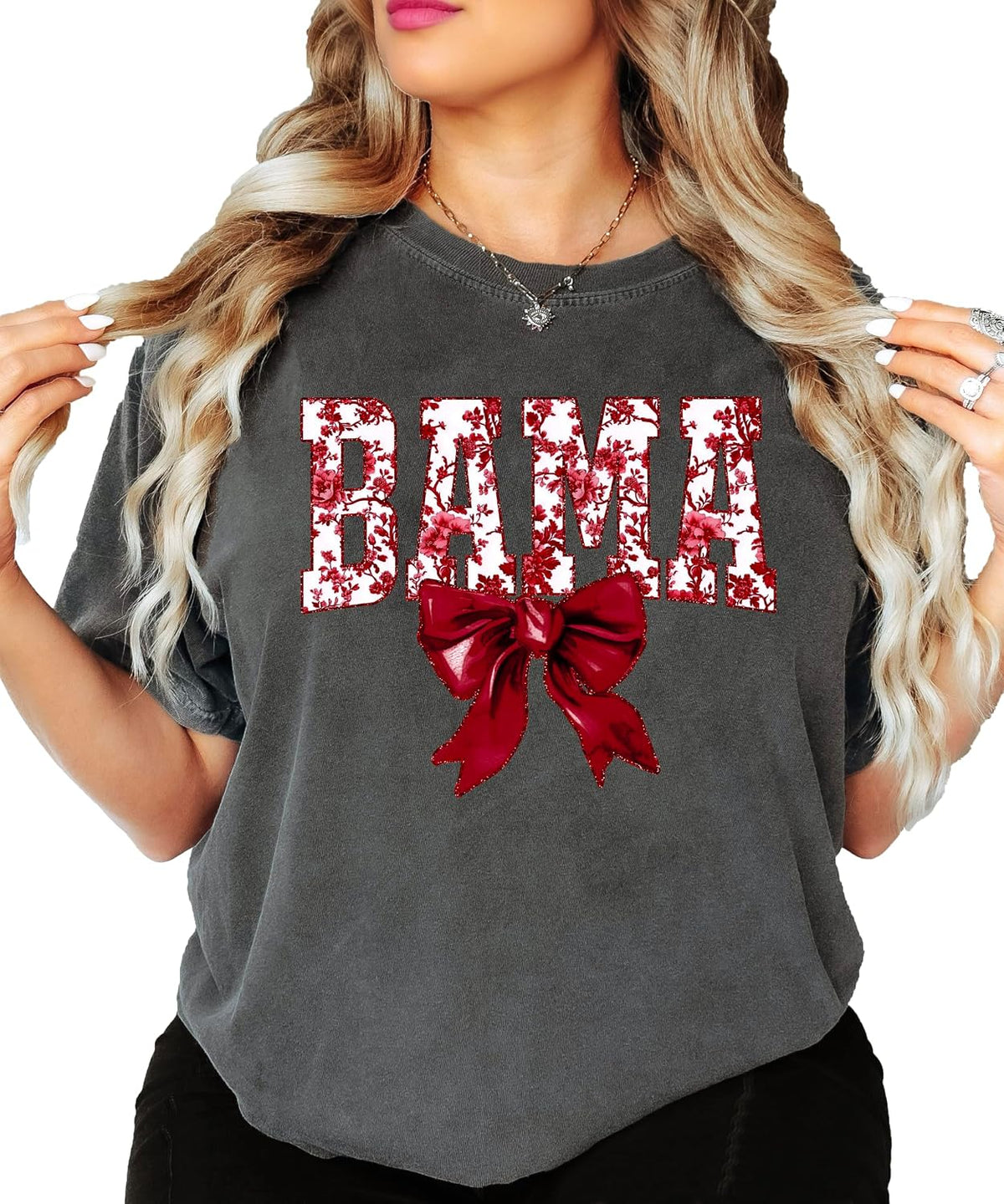 Bama Red Floral Bow Shirt for Women & Teens Trendy Alabama School Sports Fan Tee
