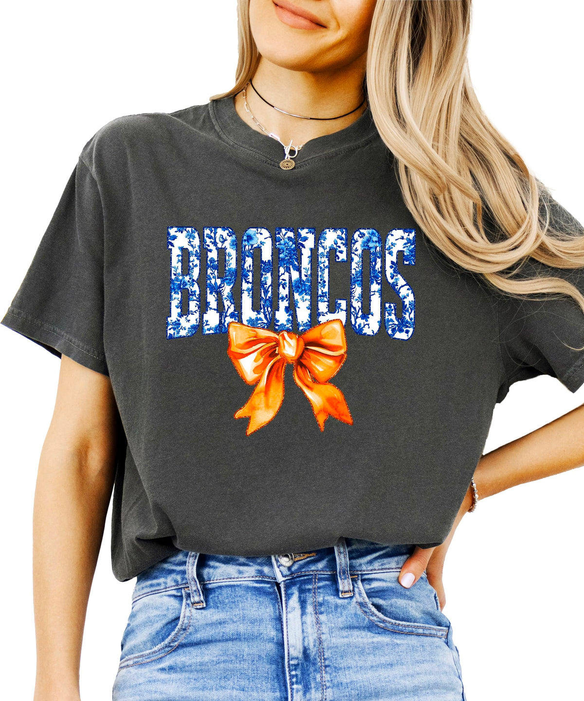 Broncos Orange Floral Bow Shirt for Women & Teens Trendy Team Spirit Sports Fan Graphic Tee