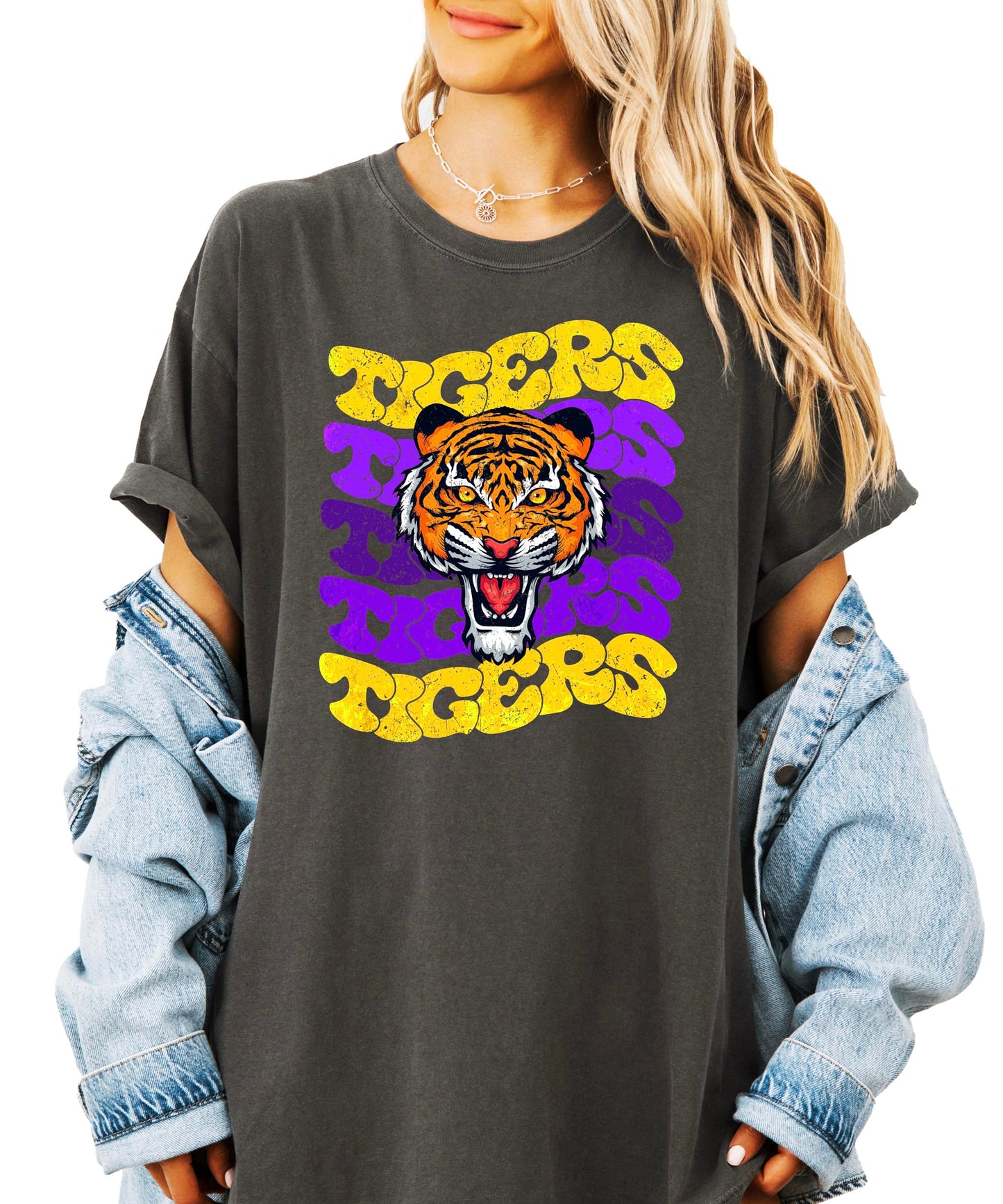 Trendy Tigers Wavy Shirt for Women and Teens Purple & Yellow Sports Tee