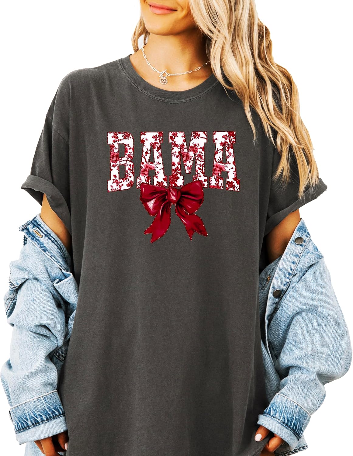 Bama Red Floral Bow Shirt for Women & Teens Trendy Alabama School Sports Fan Tee