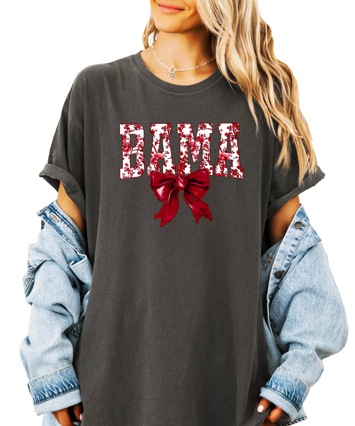 Bama Red Floral Bow Shirt for Women & Teens Trendy Alabama School Sports Fan Tee