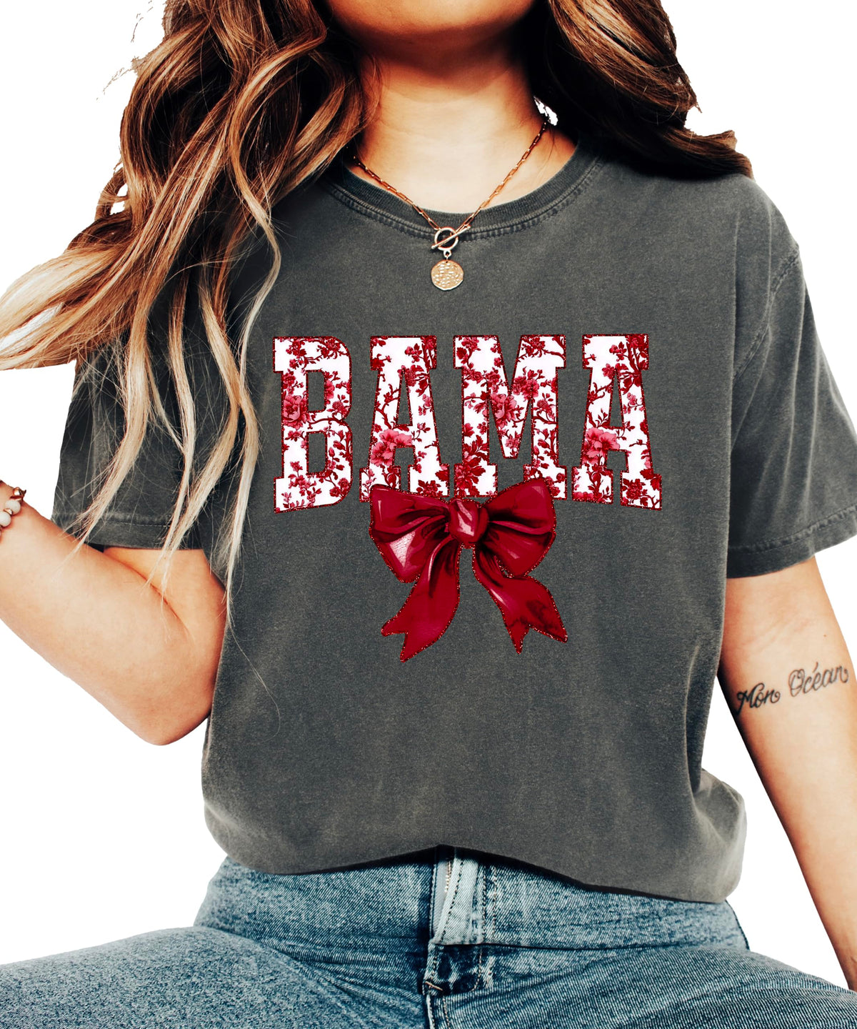 Bama Red Floral Bow Shirt for Women & Teens Trendy Alabama School Sports Fan Tee