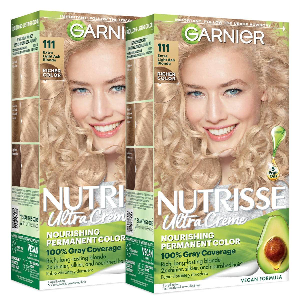 Garnier Nutrisse Ultra Crème Hair Color, Permanent Hair Dye with 100% Gray Coverage, Vegan & Cruelty-Free, 100 Extra-Light Natural Blonde (Chamomile), 2 Count