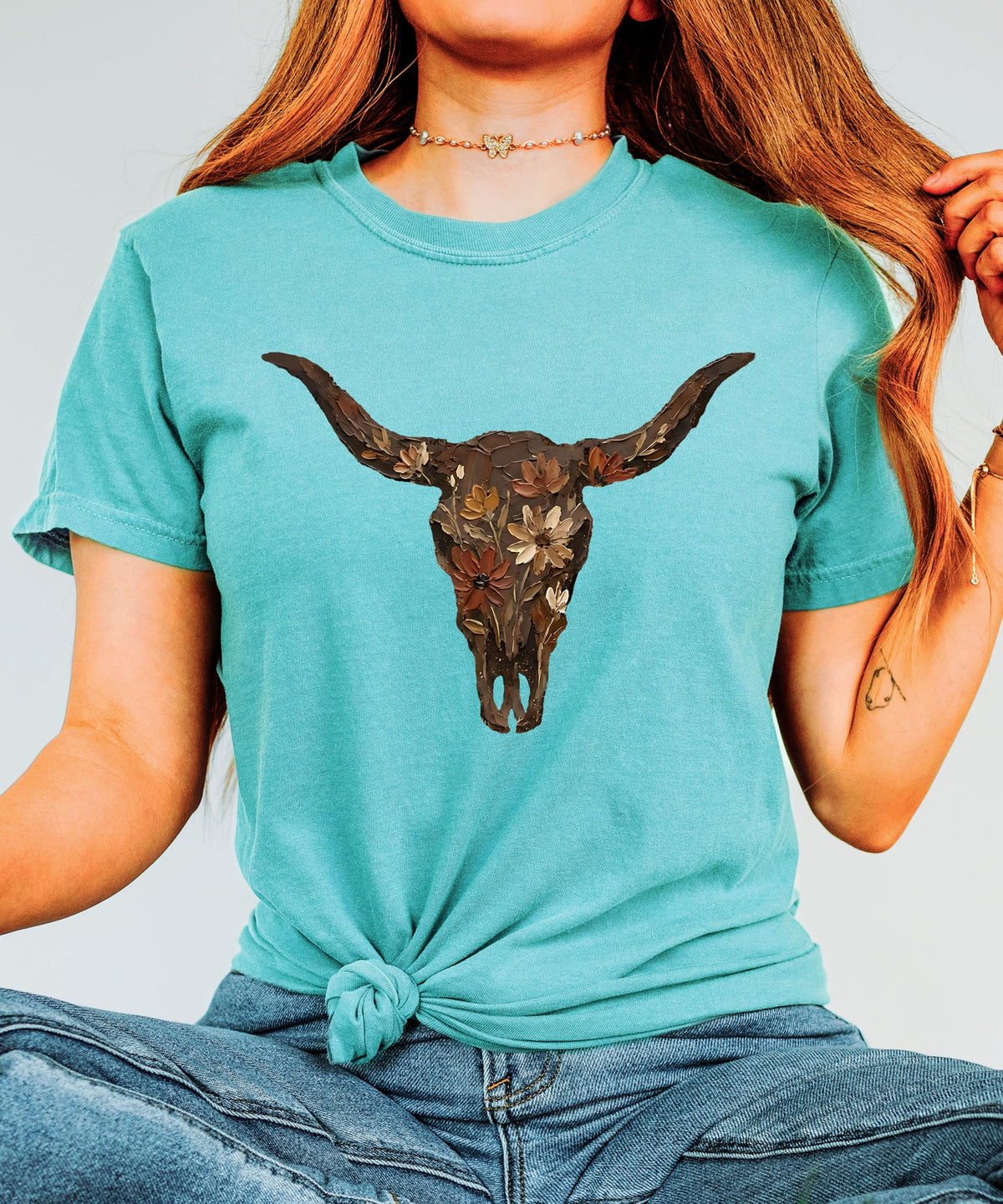 Western Longhorn Skull Graphic T-Shirt for Women - Casual Everyday Western Style Shirt