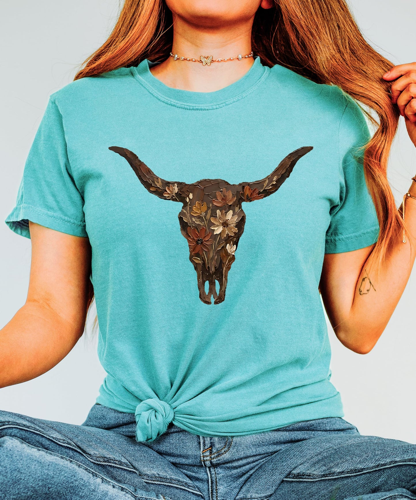 Western Longhorn Skull Graphic T-Shirt for Women - Casual Everyday Western Style Shirt