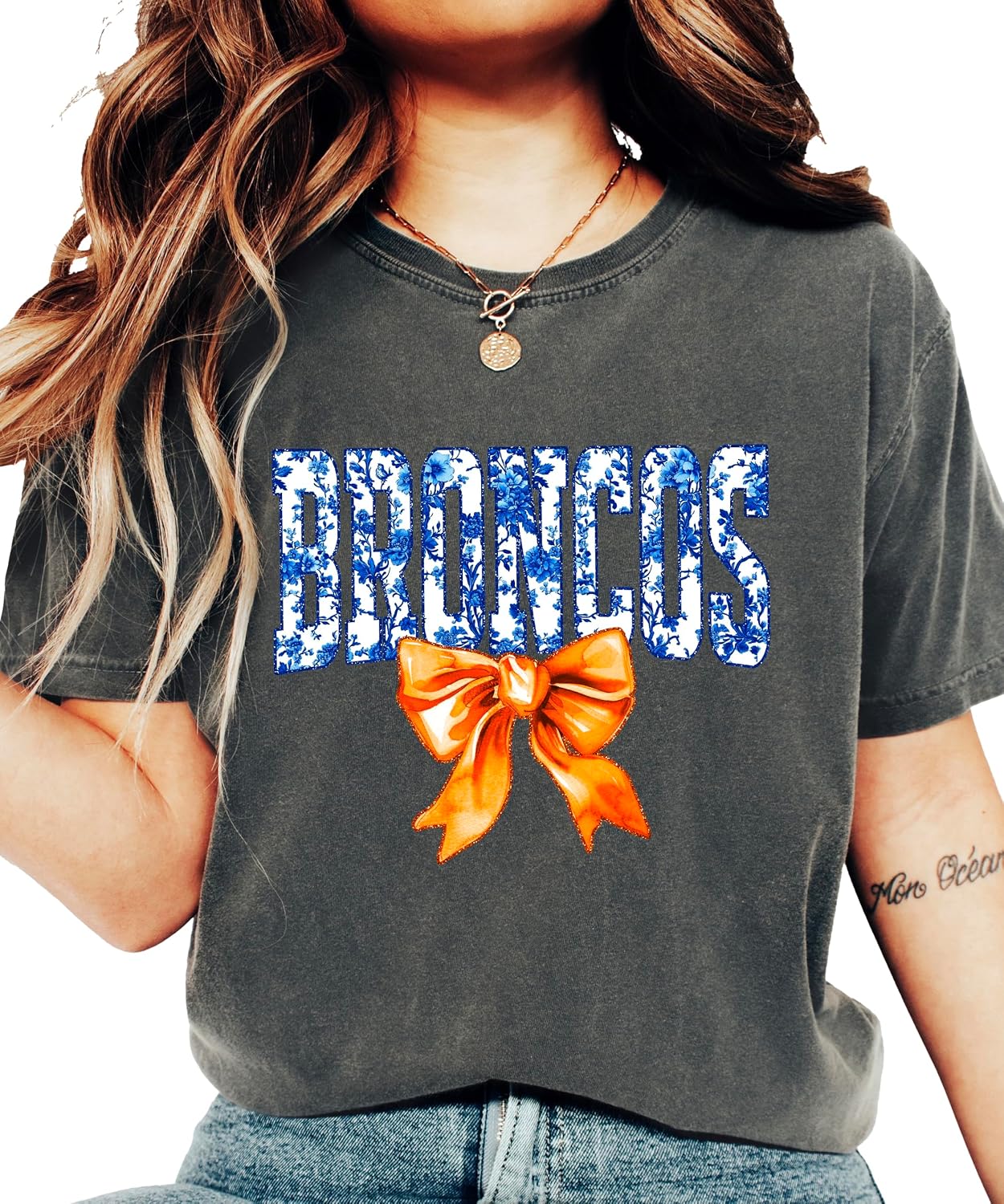 Broncos Orange Floral Bow Shirt for Women & Teens Trendy Team Spirit Sports Fan Graphic Tee