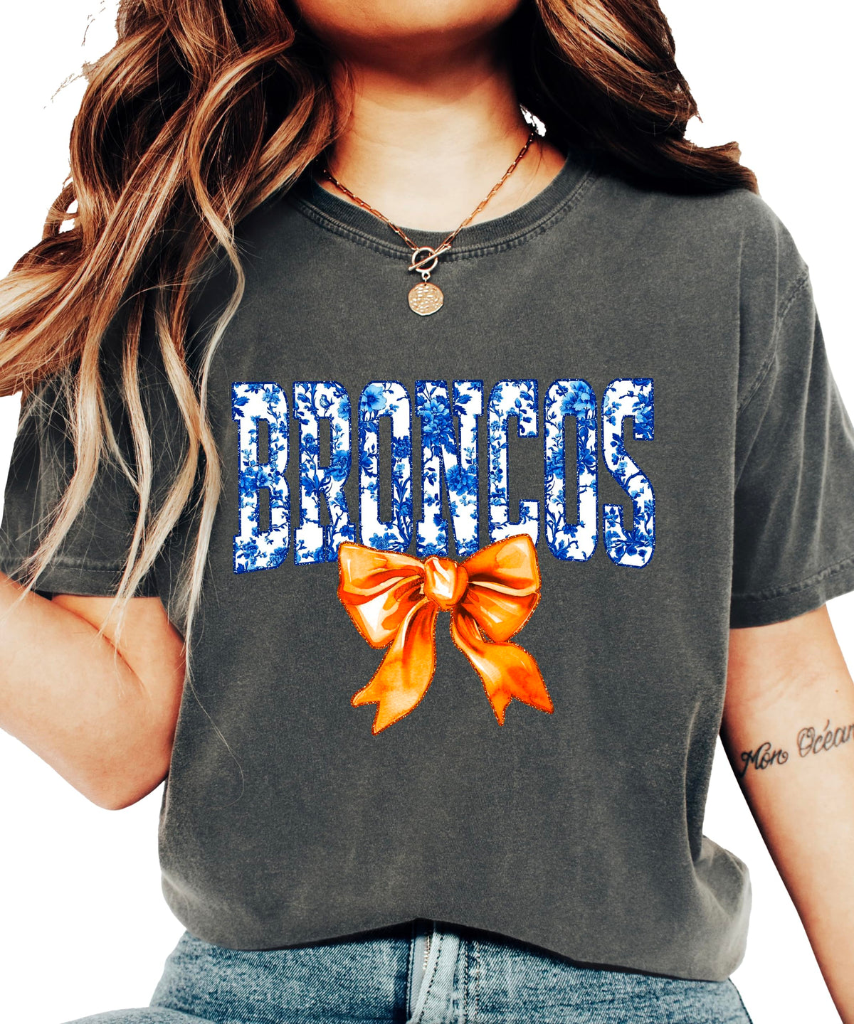 Broncos Orange Floral Bow Shirt for Women & Teens Trendy Team Spirit Sports Fan Graphic Tee