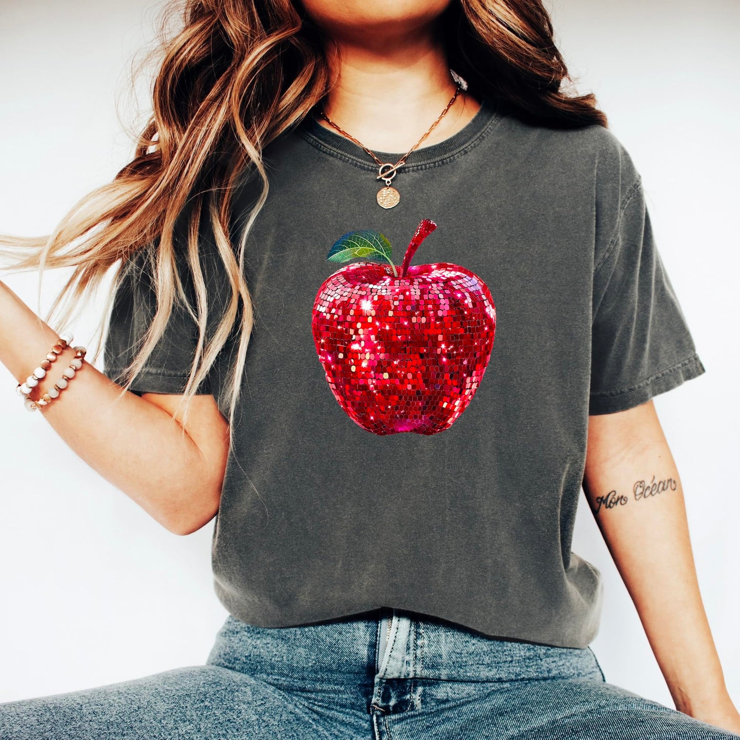 Red Disco Apple Shirt for Women & Teens Faux Glitter Apple Tee for Teachers and Students