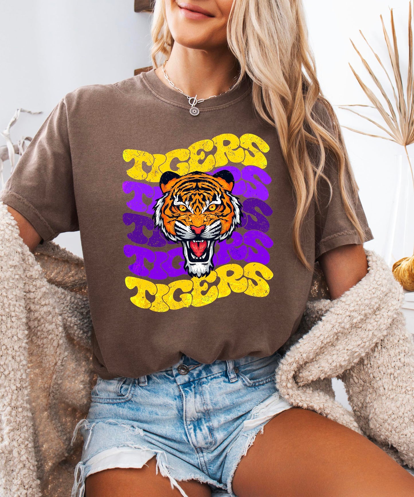 Trendy Tigers Wavy Shirt for Women and Teens Purple & Yellow Sports Tee