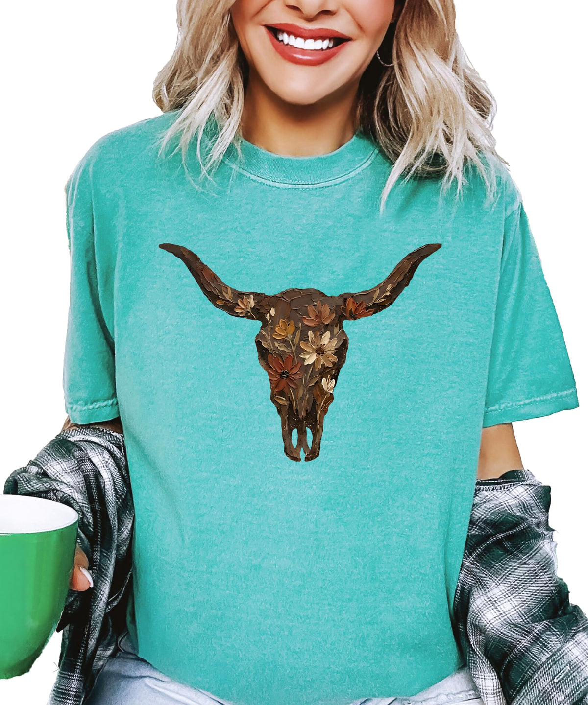 Western Longhorn Skull Graphic T-Shirt for Women - Casual Everyday Western Style Shirt